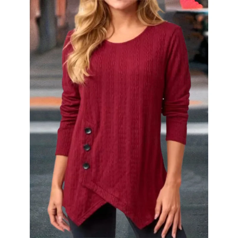Top de manga larga con cuello redondo para mujer, camiseta de Jacquard con botones de Color sólido, Top elegante de tendencia de otoño