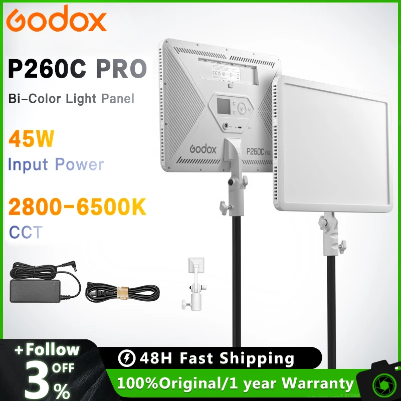 Godox P260C Pro Bi-Color Panel Light 45W 2800-6500K For Studio Video Light Lamp Panel For Video Production & Vlogging