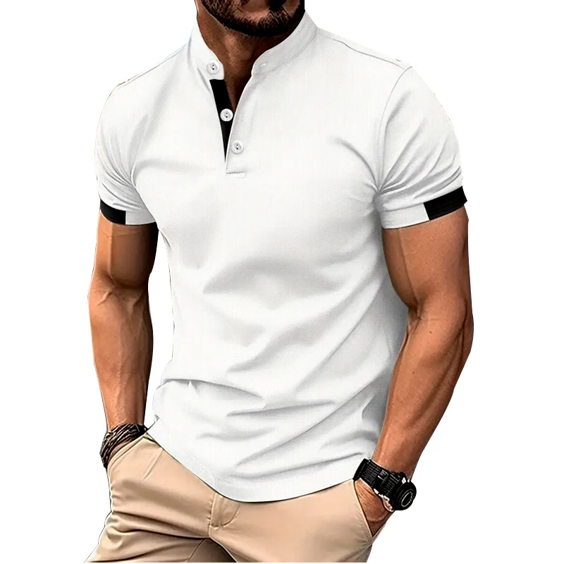 

Men Summer Short Sleeve Fashion Stand Collar Polo Shirt 100% Polyester Business Casual Button Golf Polo Shirt
