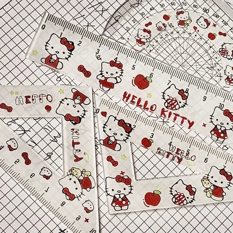 Hello Kitty Anime Kawaii Sanrio Ins Children Ruler Set Cute Cartoon School Supplies Student Stationery Set Triangle Kids Gifts