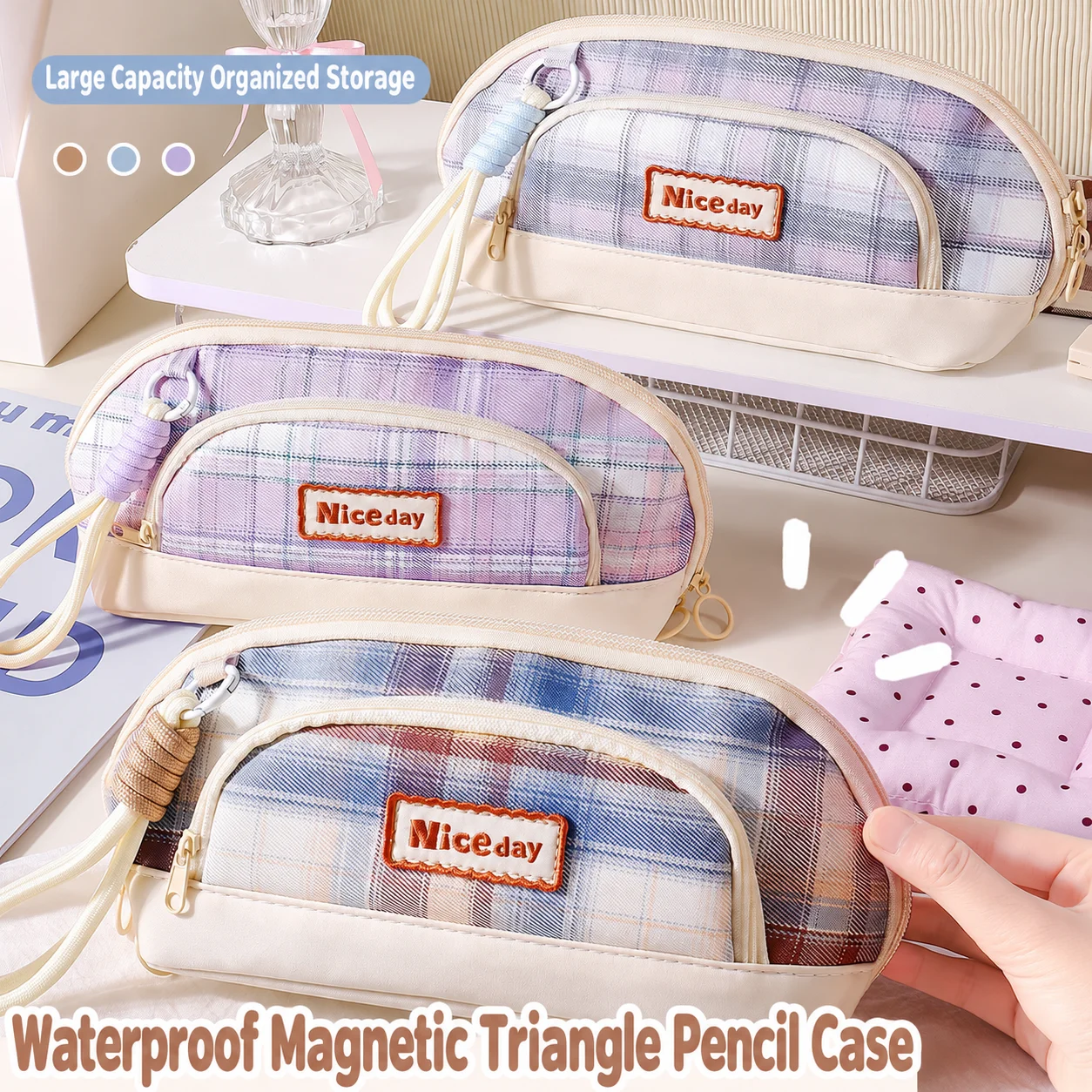Large Capacity Plaid Pencil Case with Magnetic Closure Multi-Compartment Waterproof Pen Bag Korean Style Stationery Organizer wi