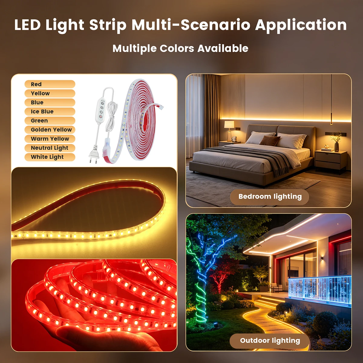 Timing Dimmer 2835 LED Strip Light 120LEDs/m AC 220V Power Kit Warm Blue Pink Waterproof Cuttable Soft Tape Garden Home Lighting