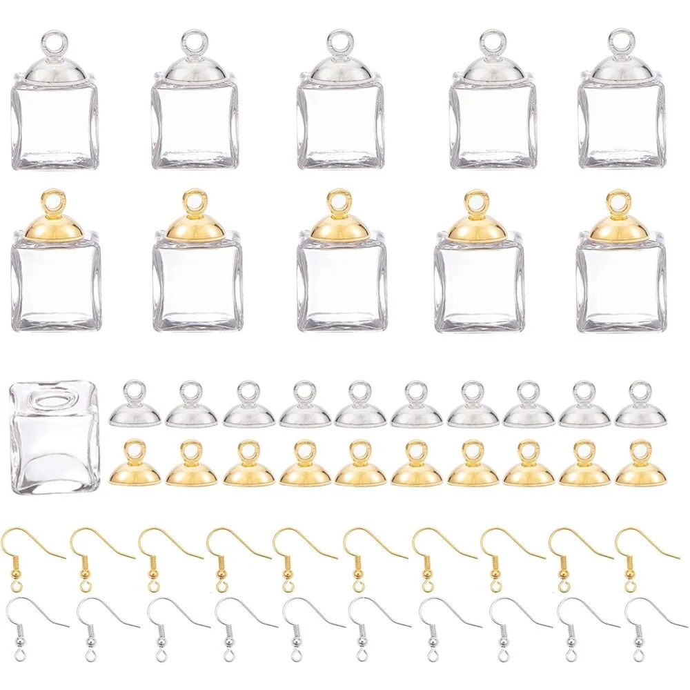 20pcs Cube Glass Bottle Vial Charm Clear Wishing Bottle Miniature Empty Jars Message Bottle with Caps and 20pcs Earring Hooks