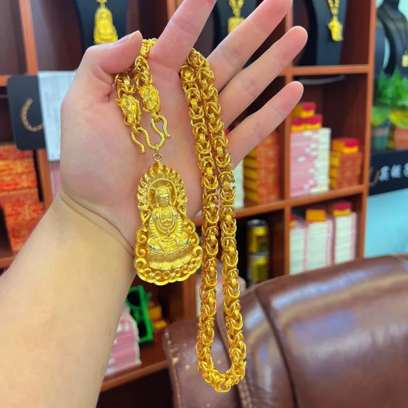 

Fashion and luxurious 9999 24K real gold double dragon head Guanyin necklace pendant domineering dragon brand