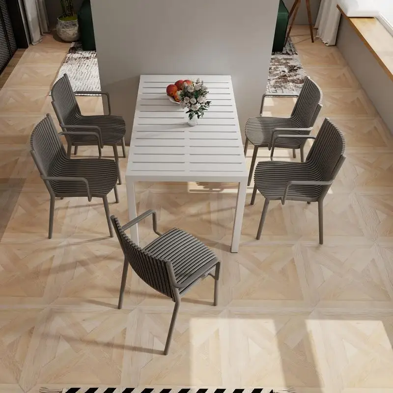 4-Pack Modern Stackable Plastic Armchair for Indoor/Outdoor Use – Ergonomic Slatted Back Design, All-Weather PP Material, Warm