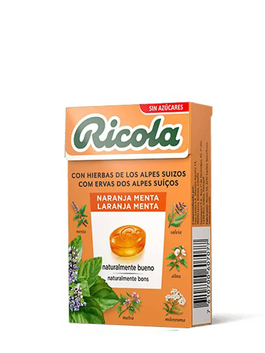 Ricola caramel orange-mint and Swiss herbs 50gr-orange candies-mint and Swiss herbs with vitamin c without sugar