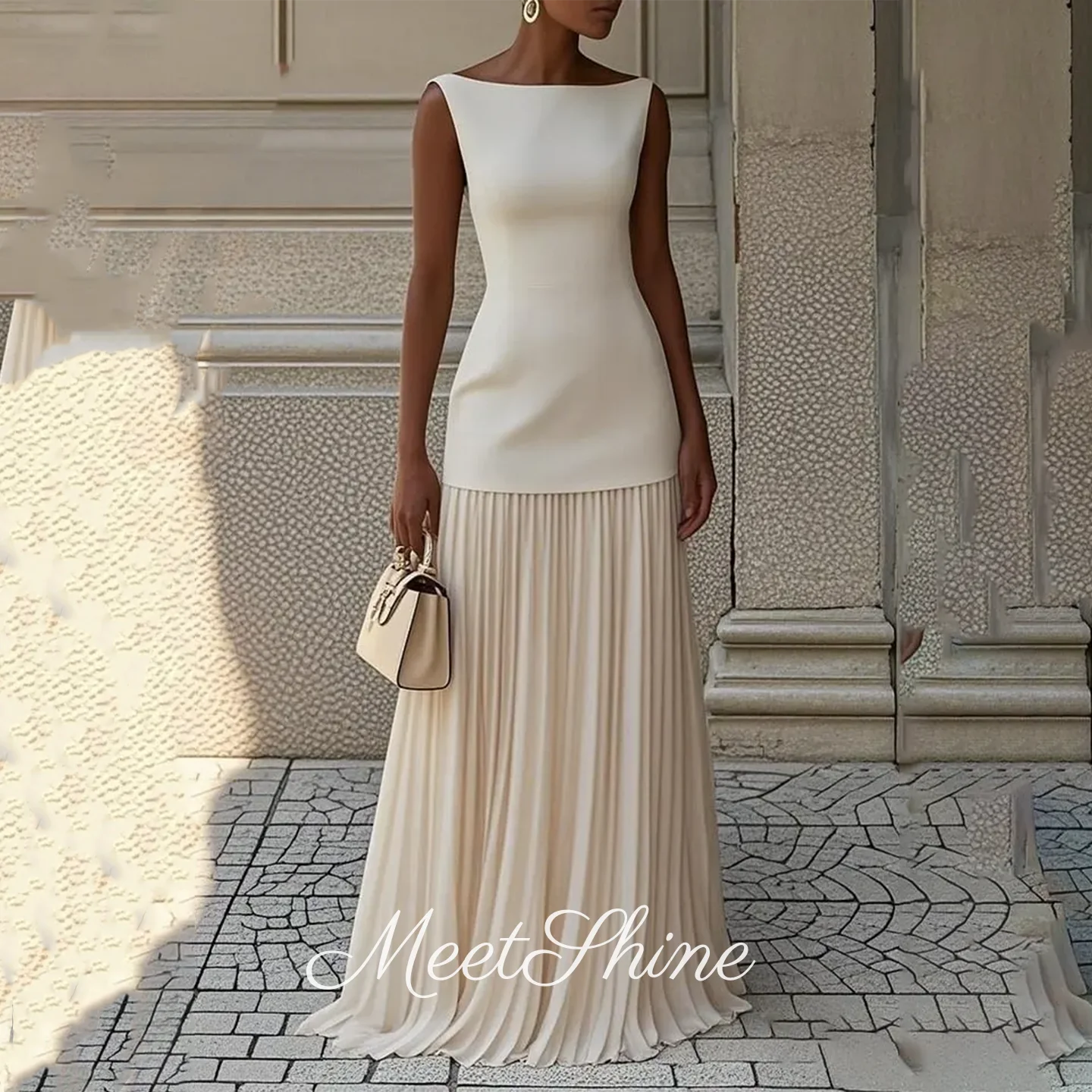 

Boho Boat Neck Sleeveless A-Line Satin Evening Dress Exquisite Solid Splice Pleated Chiffon Formal Wedding Prom Dress Customized