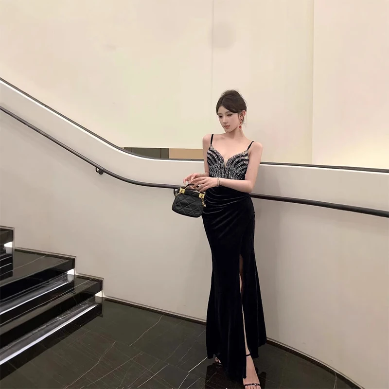 

Ele Velvet Evening Gown with Strap for Women High-End Ball Birthday Par Fi Tail Skirt Ladylike Sle Age 8-25