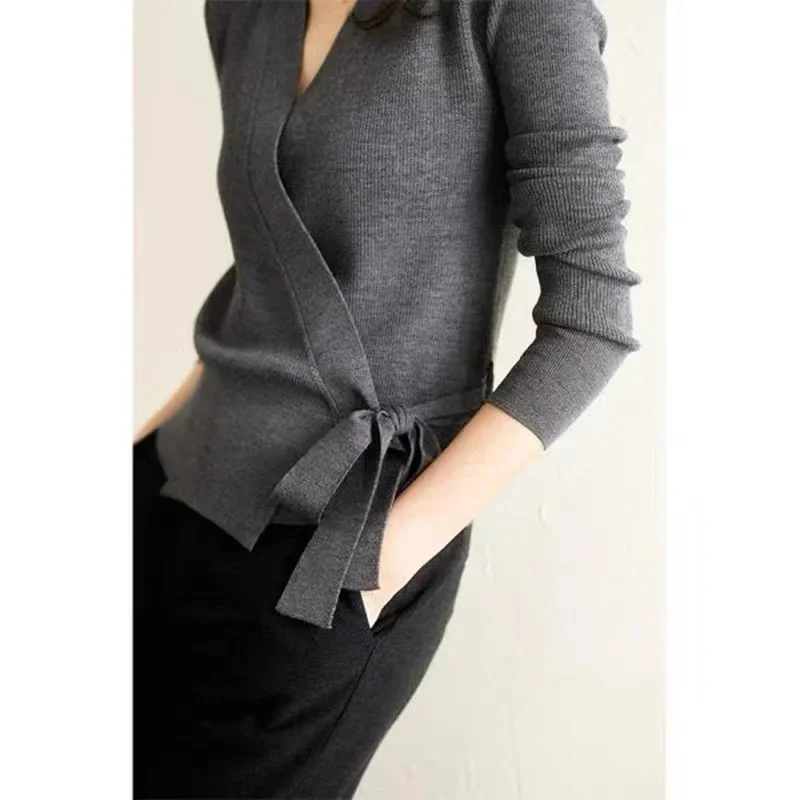 New Spring Knitted Slim Women Cardigan V-neck Lace Up Waist Design Elegant Sweater Long Sleeve Solid Color temperament Tops