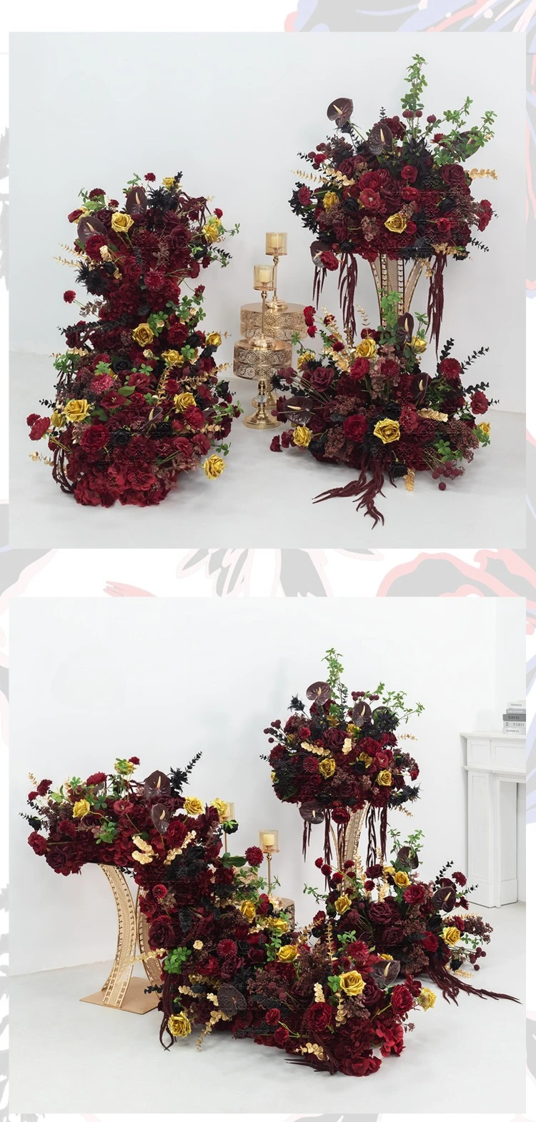 Tiefrote künstliche Blumenreihe, Hochzeitsdekoration, florale Beschilderung, künstliche Blumenkugel, Gangläufer für Party-Event-Hintergrundarrangements – Detail 8