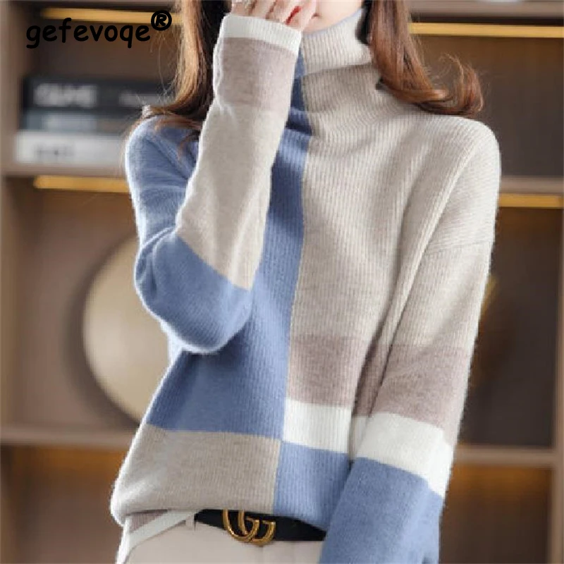 Women Trendy Contrast Color Turtleneck Soft Warm Knitted Sweaters Autumn Winter Casual Long Sleeve Loose Pullover Tops Jumpers