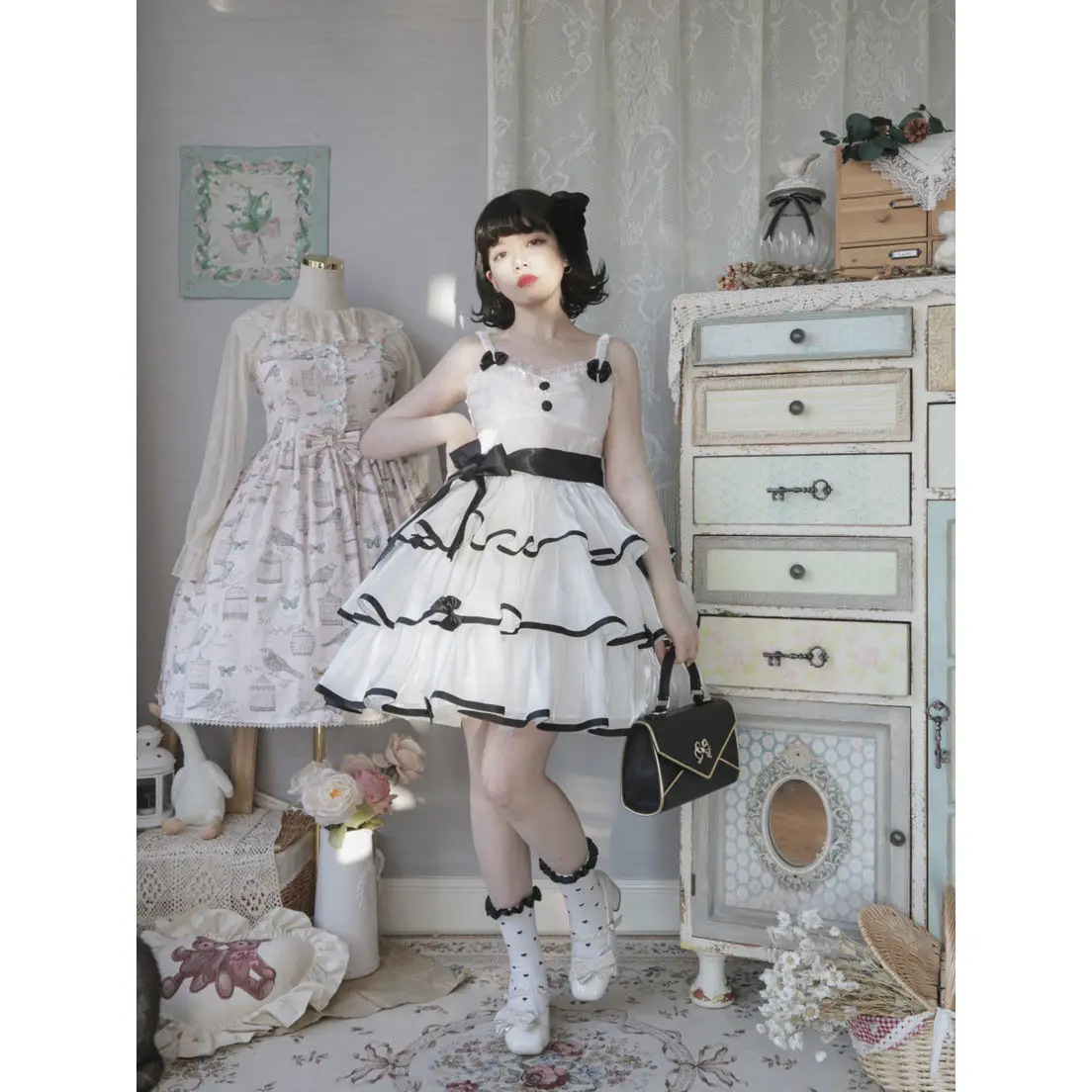 Lolita Đầm Hoa Trà Trắng/Đen Hoa Hồng Nữ Jsk 3 Giai Đoạn Ngọt Mềm In Cô Gái Áo Kawaii Nữ Tính Lolita JSK Đầm