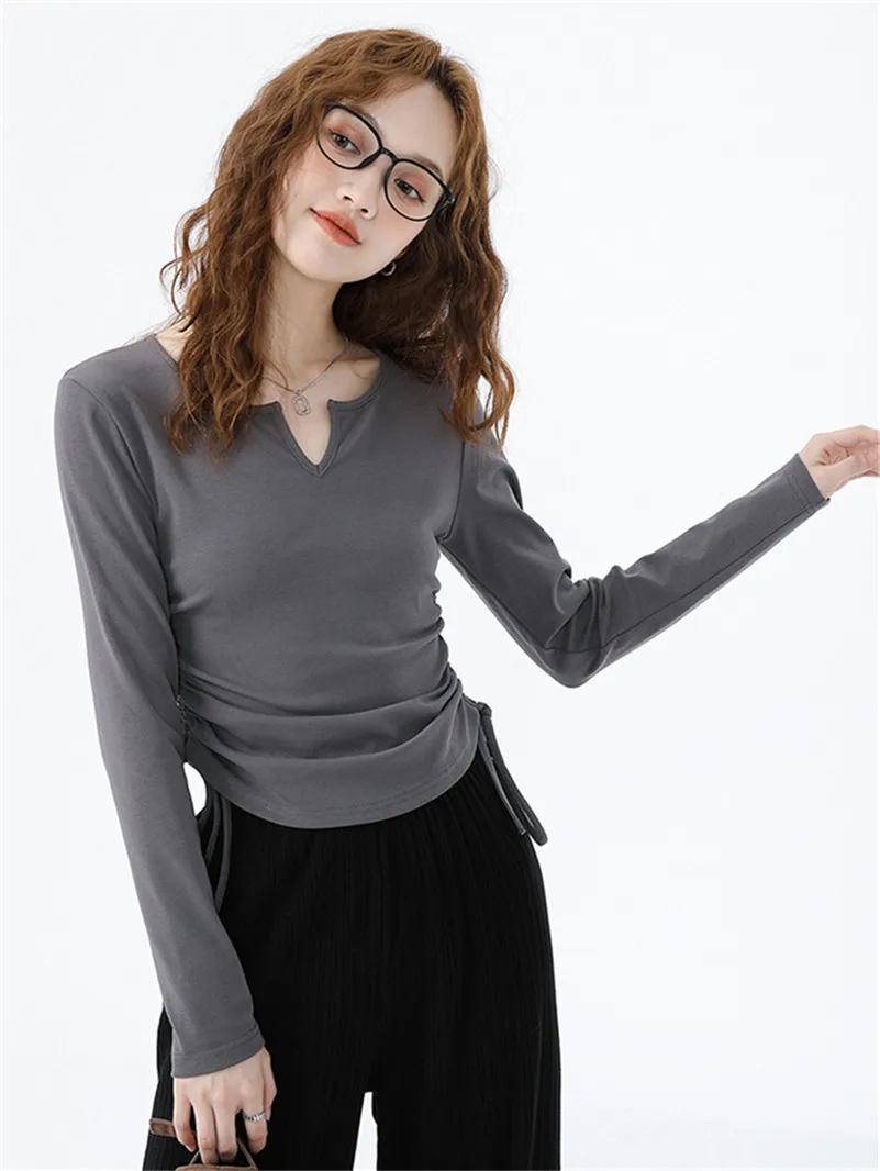 Spring Knitted Cotton Women V-Neck Crop Tops Design Sense 2 Side Elastic Tie Up Fashion Long Sleeve Slim Comfortable Blouses