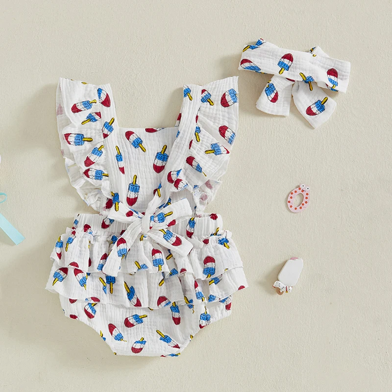 Toddler Girls American Flag Romper Independence Day Sleeveless Jumpsuit with Bow Headband Set Cute Outfits for Summer