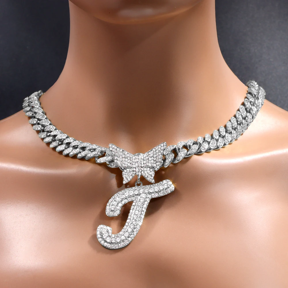 Iced Out Cuban Link Chain Butterfly Letter Necklace for Women Bling Silve Color Initial Miami Name Necklace Birthday Jewelry