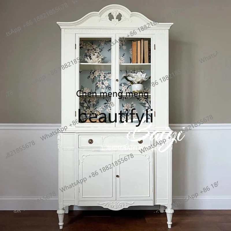 French solid wood wine cabinet cream white carving, living room against the wall European style, dining side, locker  R
