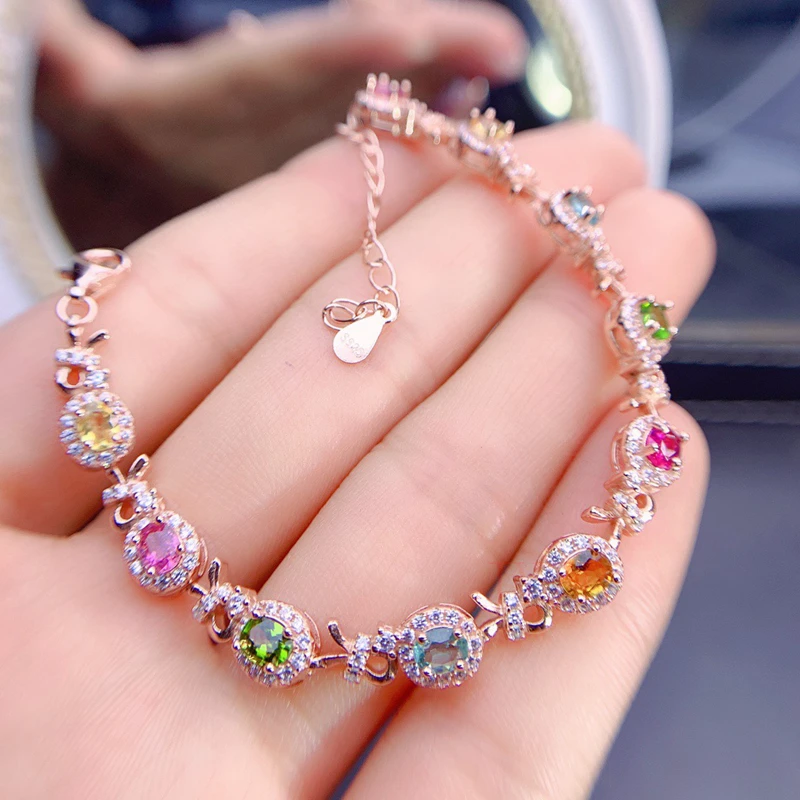 

S925 Natural rose gold color gemstone Brazilian tourmaline bracelet diamond gemstone inlaid for women