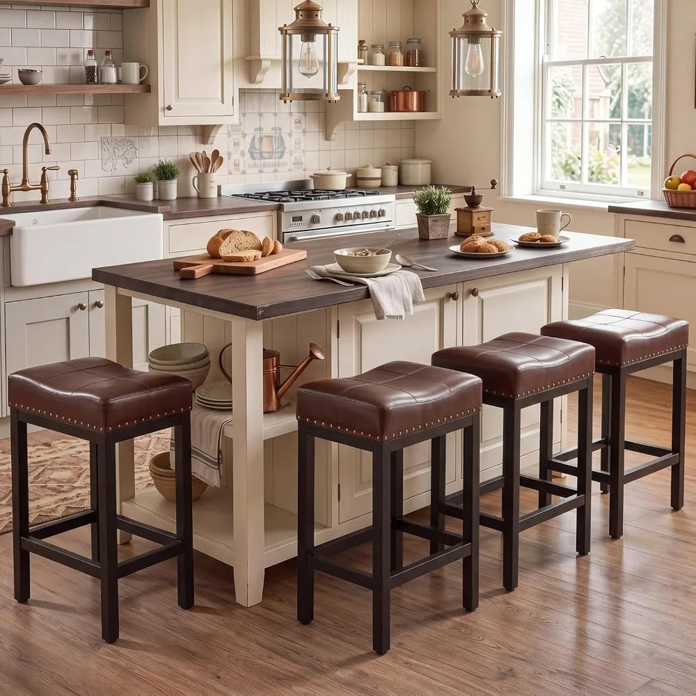 4pc 24 Inch Counter Height Stools with Curved PU Leather and Footrest for Kitchen Island, Dining, Cafe, Modern Brown