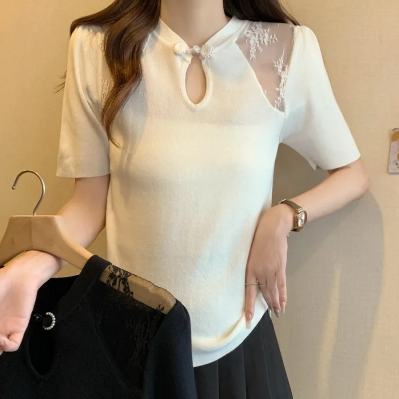 Short-sleeved Women's Embroidered Lace Sweater Thin Ice Silk T-shirt Top