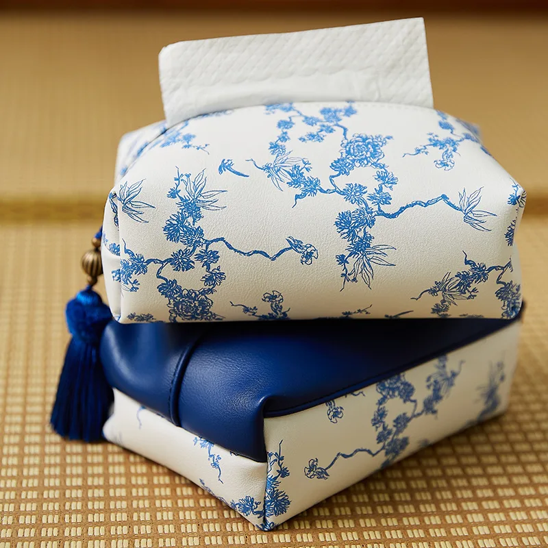 New Chinese Style Fresh Elegant Tissue Box White Background Blue and White Oriental Charm Tissue Draw Rectangular Navy Car Decor