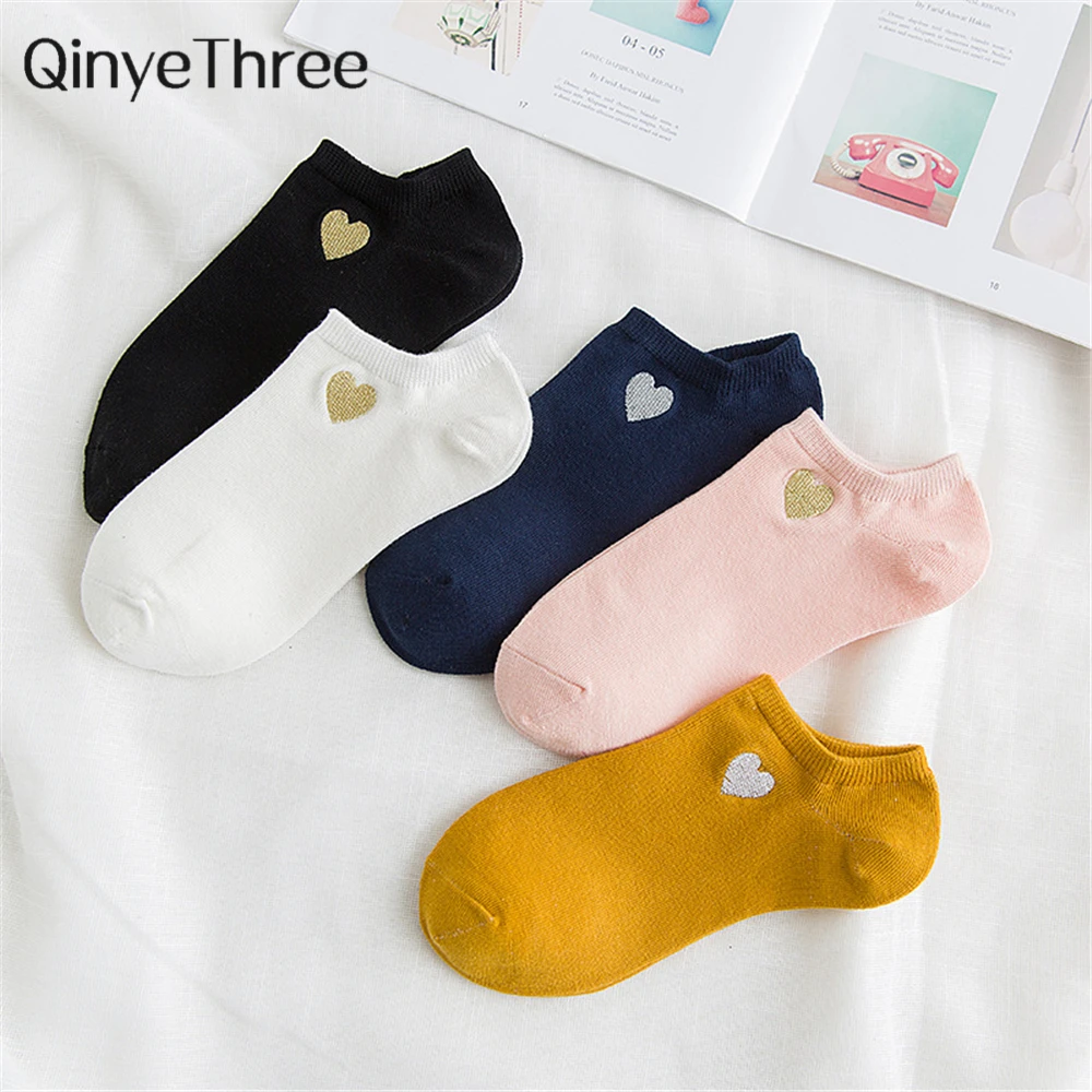 Cute Embroidery Gold Silver Heart Socks Women Lovely Funny Glitter Love Sokken Art Ankle Calcetines Dropship