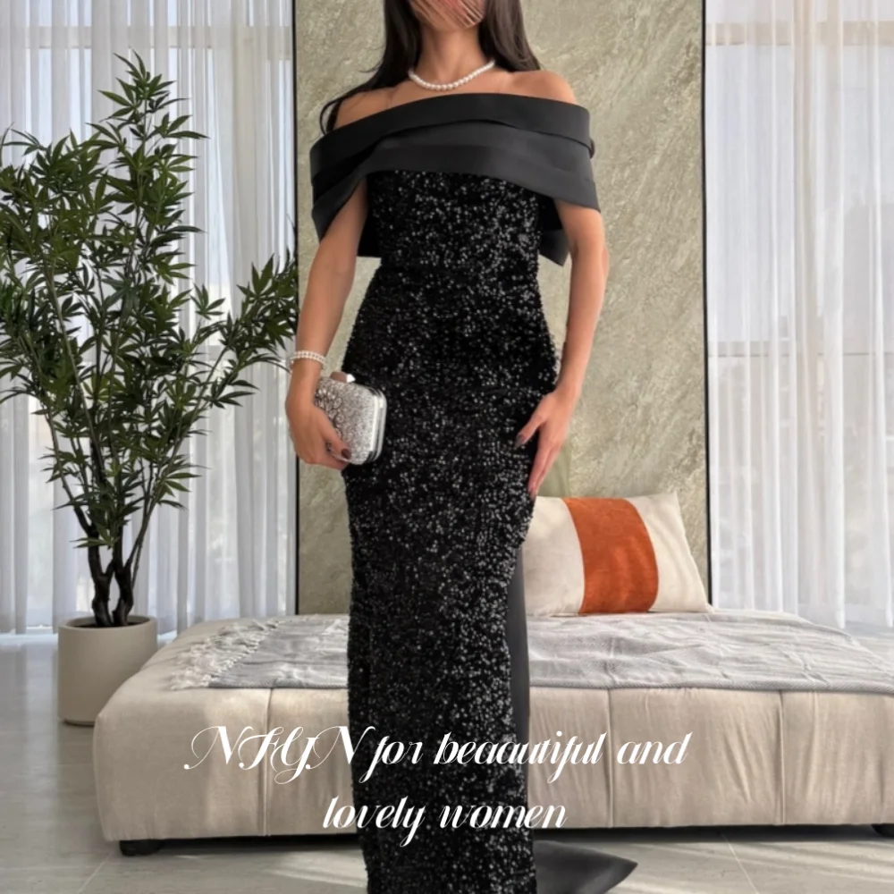 

NFYN Black Shiny Sequins Elegant Prom Gown Off the Shoulder Bow Tie at Back Party Dress Satin Mermaid Evening Dresses Customized