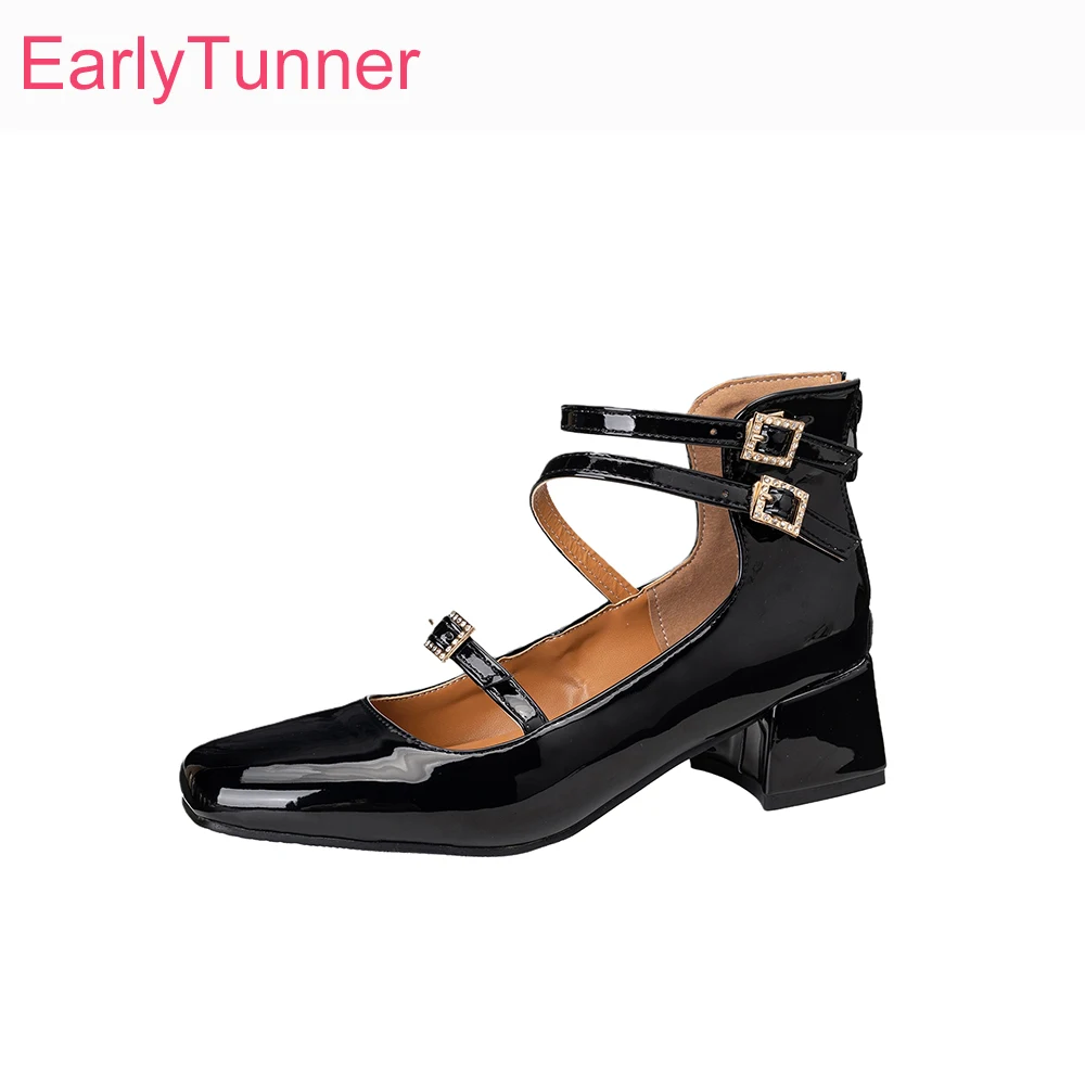 

2026 Spring Fashion Women Pumps Round Toe Ankle Strap Med Block Heel Lady Daily Pumps Plus Small Big Size 11 32 46