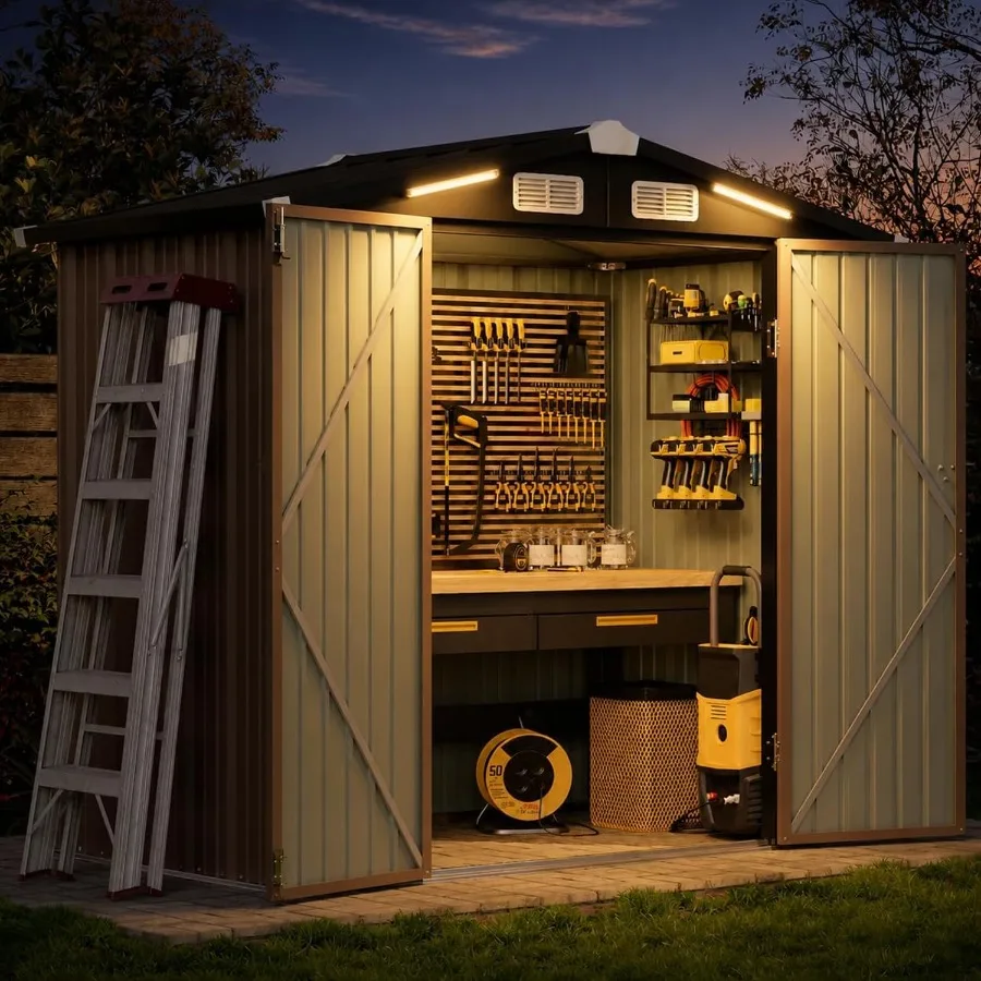 6'x4' Outdoor Shed with 2 Pack Motion Sensor Light, Brown, Heavy-Duty Steel, Weather-Resistant Finish