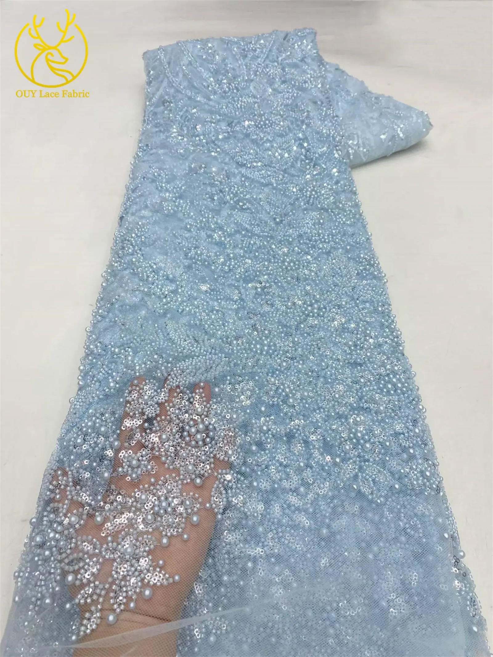 Afrikanischer handgefertigter bestickter Pailletten-Spitzenstoff, blauer französischer Tüll-Mesh-Spitzenstoff, nigerianischer Bankettkleiderstoff – Detail 11