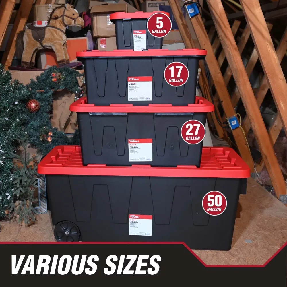 Heavy Duty Large 27 Gallon Plastic Storage Container with Snap Lock Lid Black and Red Tote Bin for Organizing