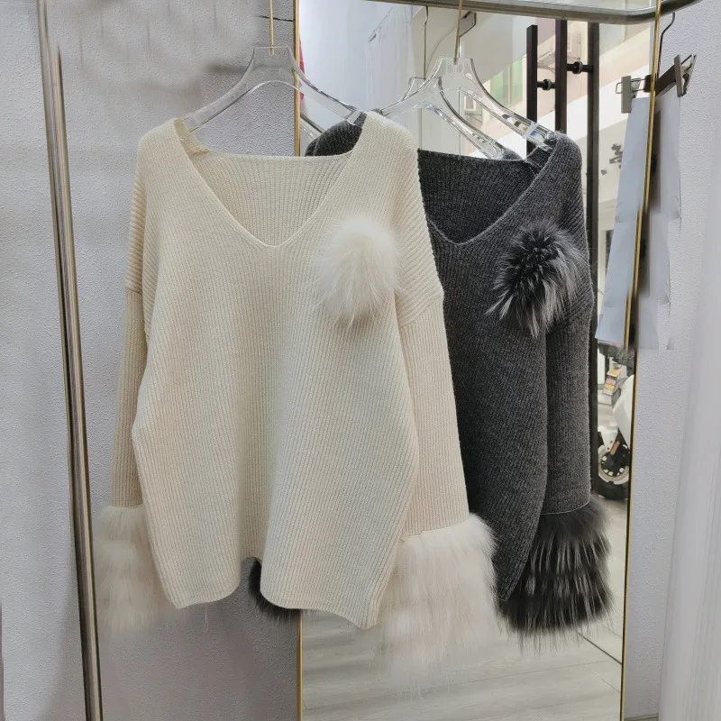 

Women's Pullover with Real Fox Fur Cuffs Ladies Solid Color Sweater Autumn Winter Fashion Wool Knitted Tops New Arrival