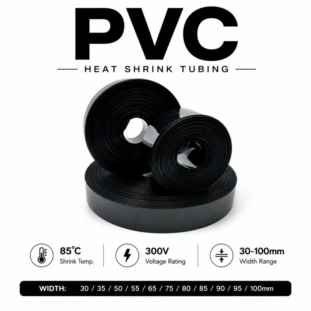 Black 18650 Lithium Battery PVC Heat Shrink Wrap Film 30-100mm Width Lithium Battery Shrinkable Film Sleeve Insulation Sheath