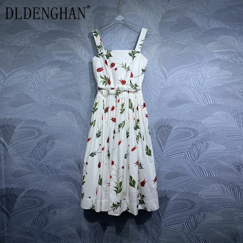 DLDENGHAN Cotton Backless Dress For Women Spaghetti Strap Slash Neck Sashes Floral Print Beach Style Dresses Fashion Runway New