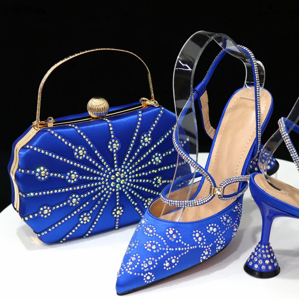 

Italian Elegant Sandal Shoes And Purse Set Classics African Women Blue Color PU With Rhinestone Pumps Shoes Set For Party Dress