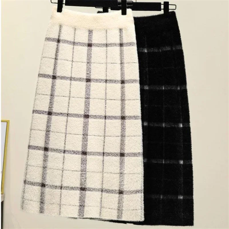 Imitation Mink Velvet Knee Length Plaid Skirt Elastic High Waist Bag Hip Knitted Skirts Fashion Women Thicken Midi Skirt P627