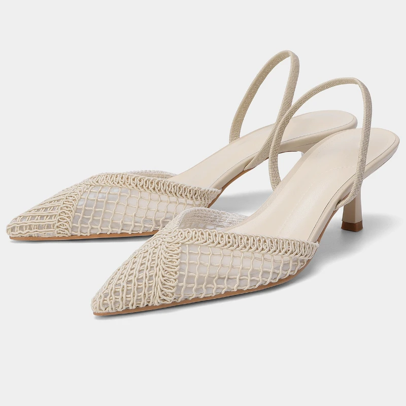 

Weave Mesh Mules Pointed Toe Sandals Women Pumps Hollow Elegant High Heels Female Fashion Brand Designer Wedding Dress Women