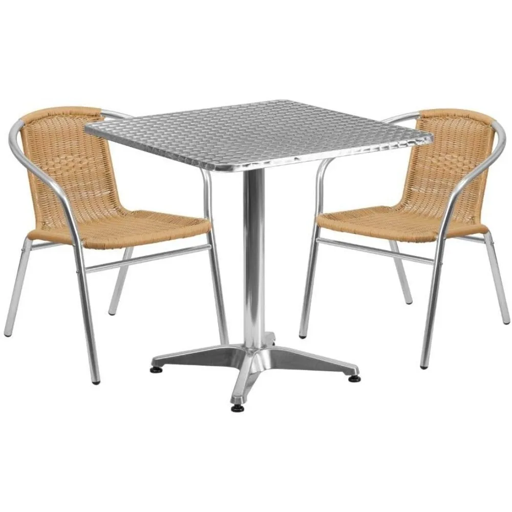 "Conjunto de mesa quadrada de alumínio para exterior de 27,5 polegadas com duas cadeiras de vime preto"