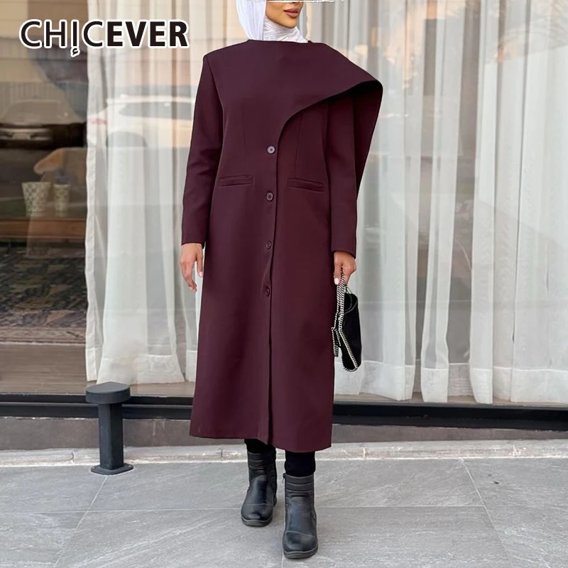 CHICEVER Winered Color Spliced Pockets Casual Trench for Women O Neck Long Sleeve Patchwork Buttons Long Coat Female Fashion New