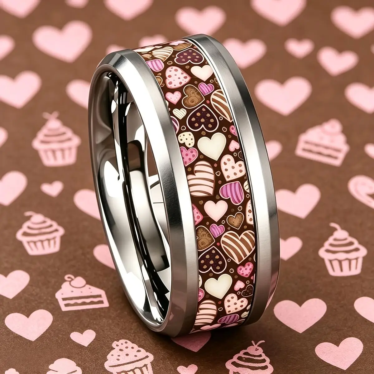 Y2K Cute Chocolate Sweetheart Full Print Ring Trendy Stainless Steel Rings For Women Men Wedding Jewelry Valentine's Day Gifts