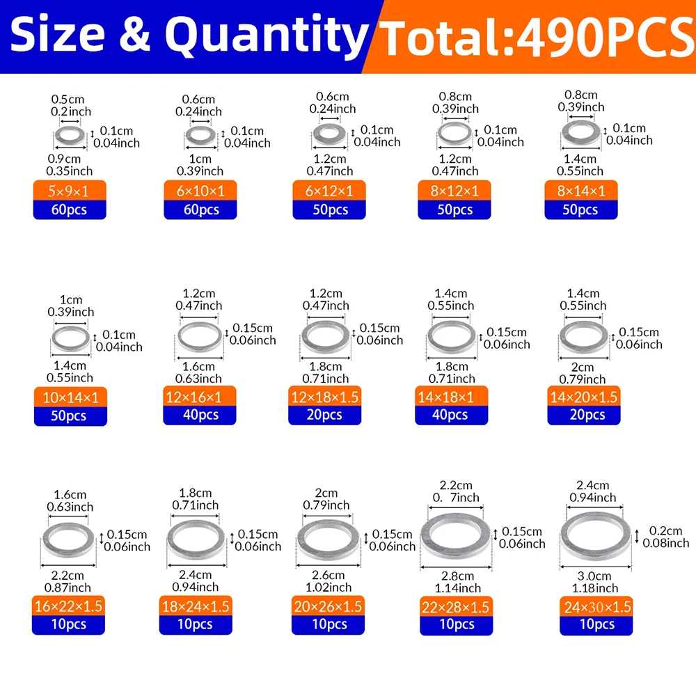 490PCS M5 - M24 Aluminum Flat Gaskets Automotive Oil Drain Plug Gaskets, Washers Assorted Gasket Metal Sealing Crush Washer Kit