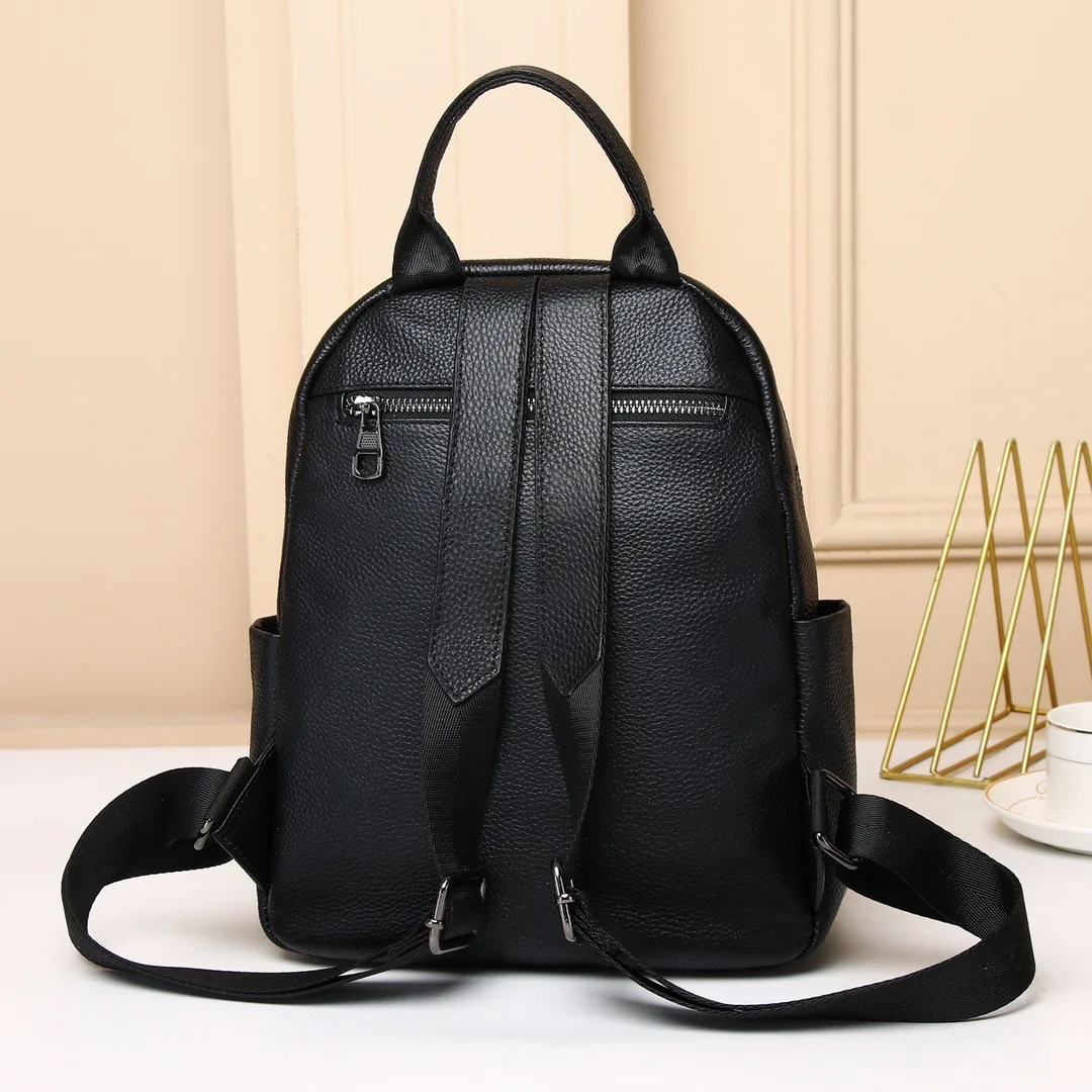 Rivets Decorated Genuine Leather Backpack Casual Black Cow Leather Bagpack Anti-theft Ladies Travel Shoulder Bag