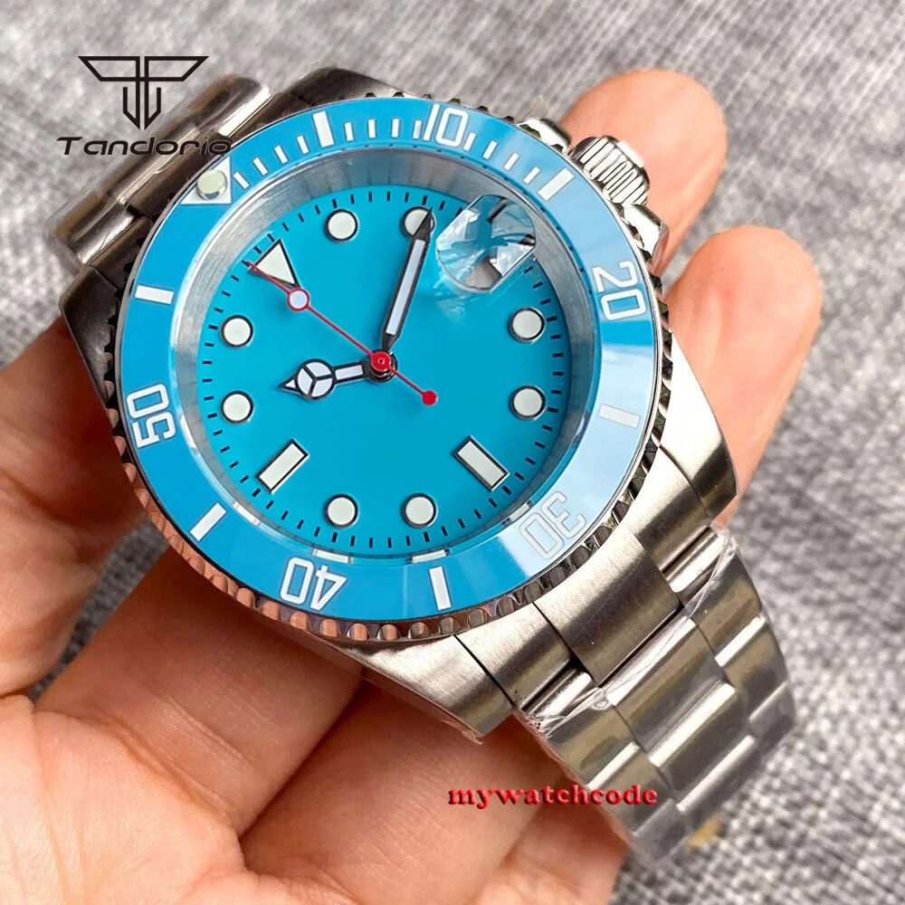 Tandorio NH35 Sky Blue Dial Sapphire Stainless Steel 40mm Mechanical Automatic Watch Date 120 Clicks Bezel Men\'s Wristwatch Lume