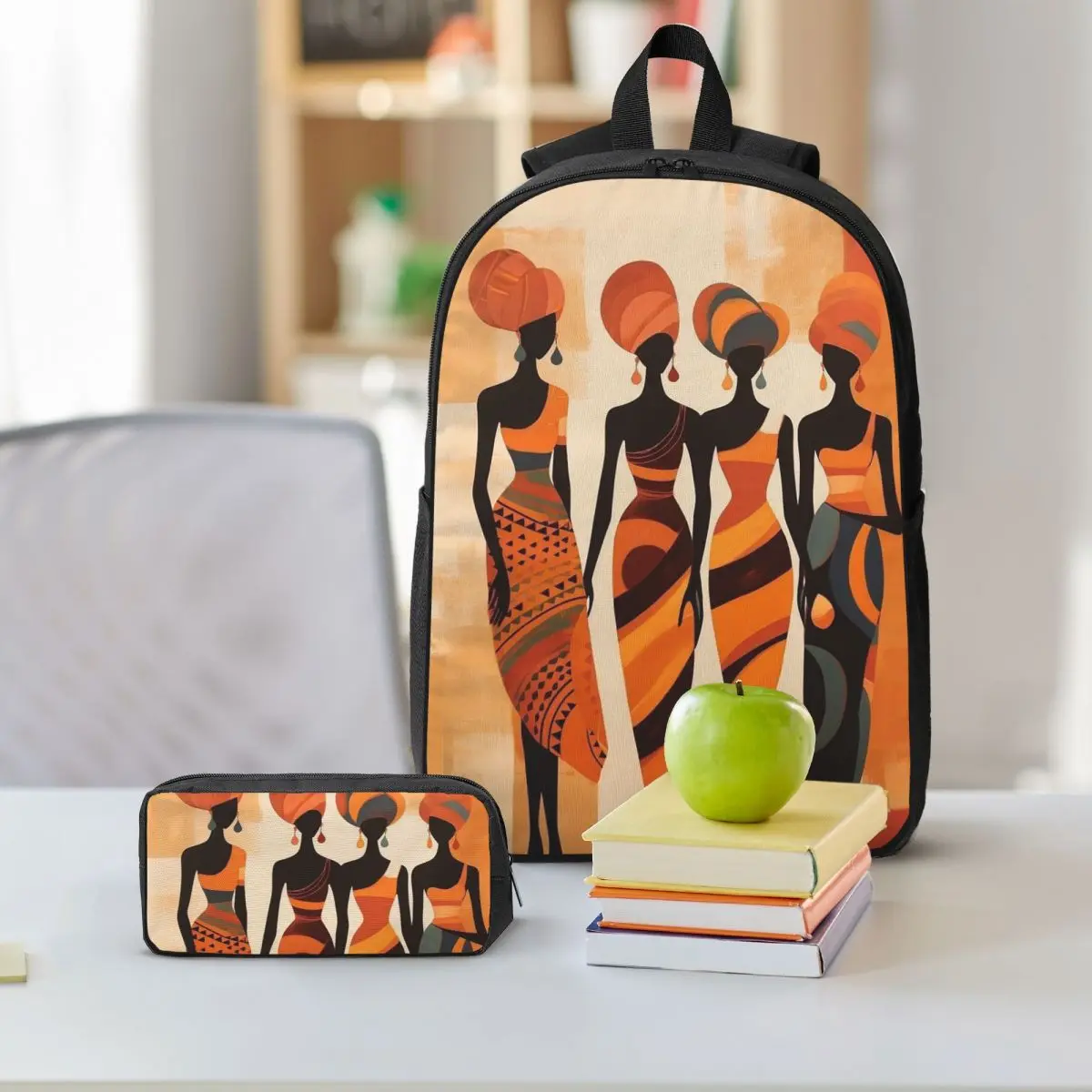 Africa Ethnic Ladies Pattern Backpack Student BookBag School Bag Shoulder Bags 3ps Insulated Lunch Bag Pencil Case