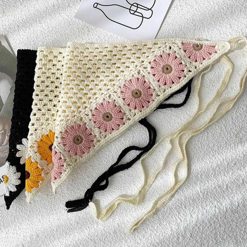 New Crochet Bandanas Hair Scarf Triangle Strap Wrap Headscarf Hand Made Small Flowers Hairband Elastic Headband Hair Accessories