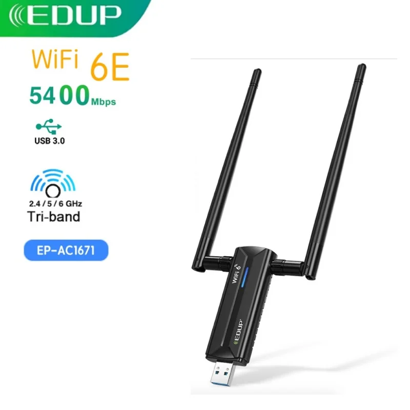 

EDUP 1671 AX5400 WiFi 6E USB 3.0 Беспроводной адаптер Трехдиапазонная сетевая карта 2,4/5/6 ГГц 802.11AX с антенной с высоким коэффициентом усиления для ноутбука ПК