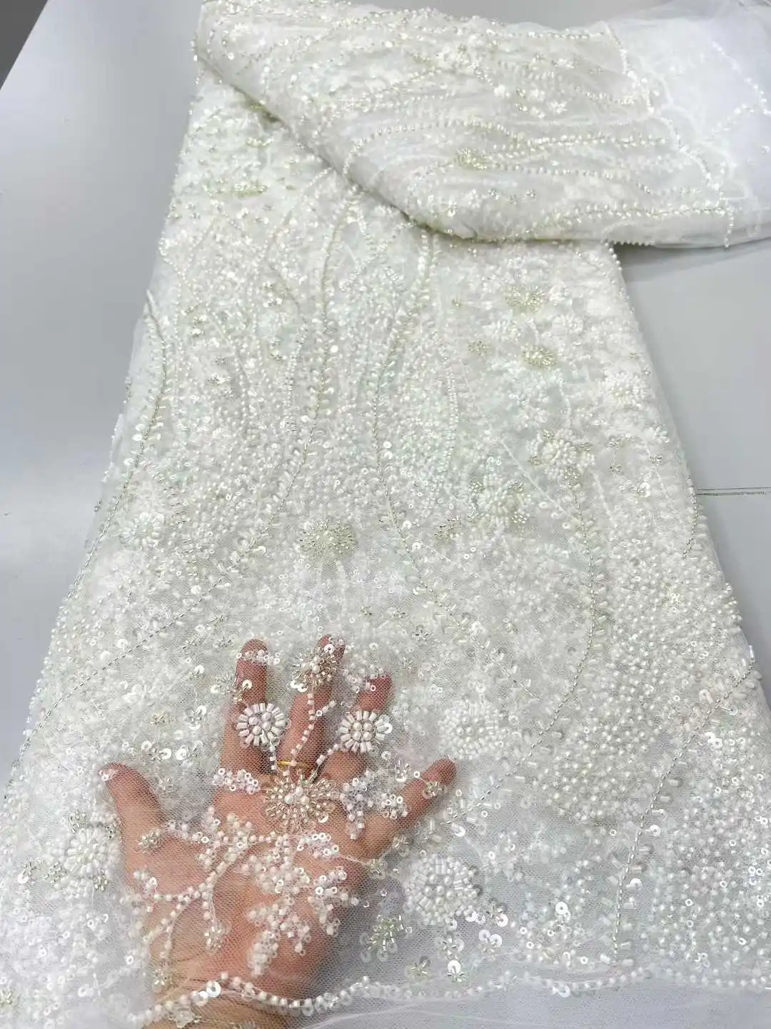 

Luxury Heavy Beaded Sequins Lace Fabric 5 Yards High Quality Nigerian French for Wedding Party Dress Sewing