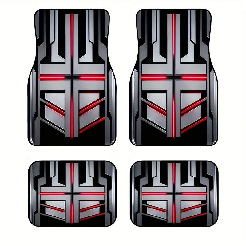 4pcs Black Red Gray Cross Mecha Wind Car Floor Mats, Trendy And Durable Non-Slip Universal Car Floor Mats Set For Cars, Trucks,