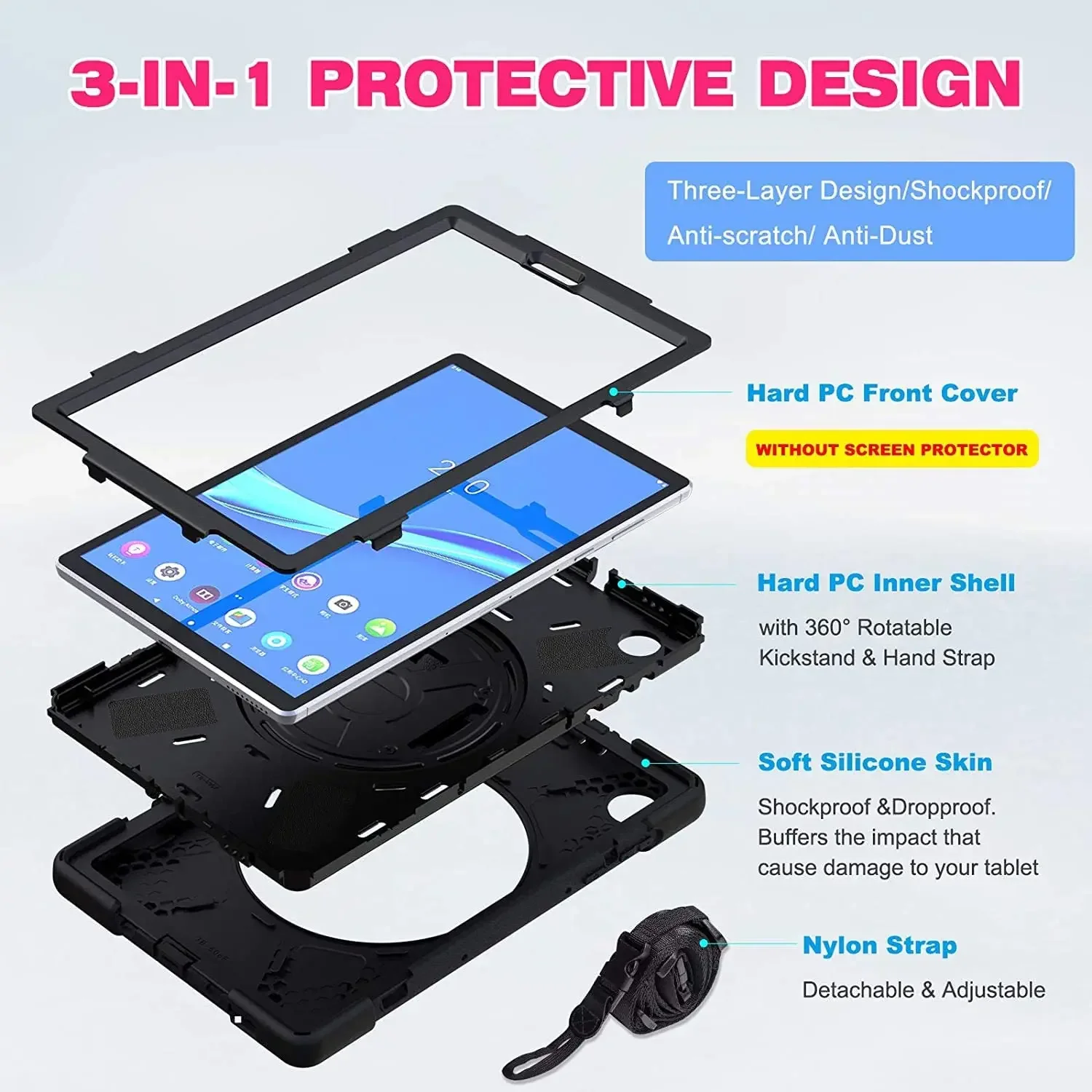 For Lenovo Tab M10 HD 10.1 Case Heavy Duty Shockproof Cover Tab M10 TB-X605X/X505F M8 8705F Kickstand Handle Shoulder strap Case