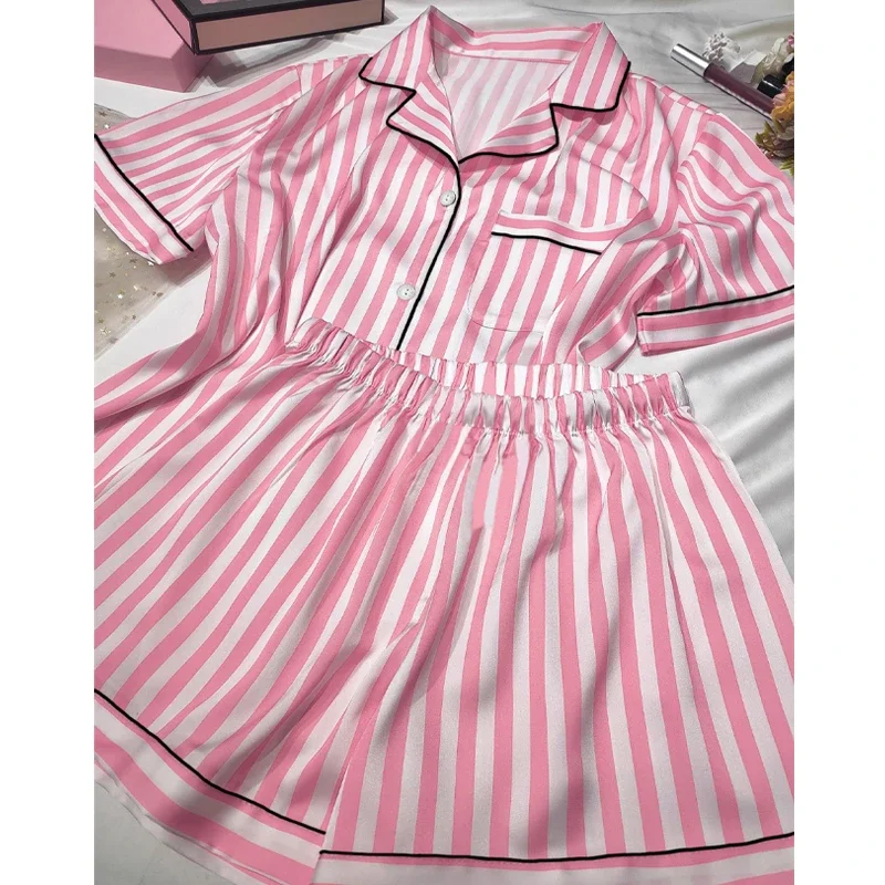 Women's Ice Silk Pajamas Homewear Short Sleeve Two-piece set Summer Loose Pink Striped Pajamas Suit Femme Satin