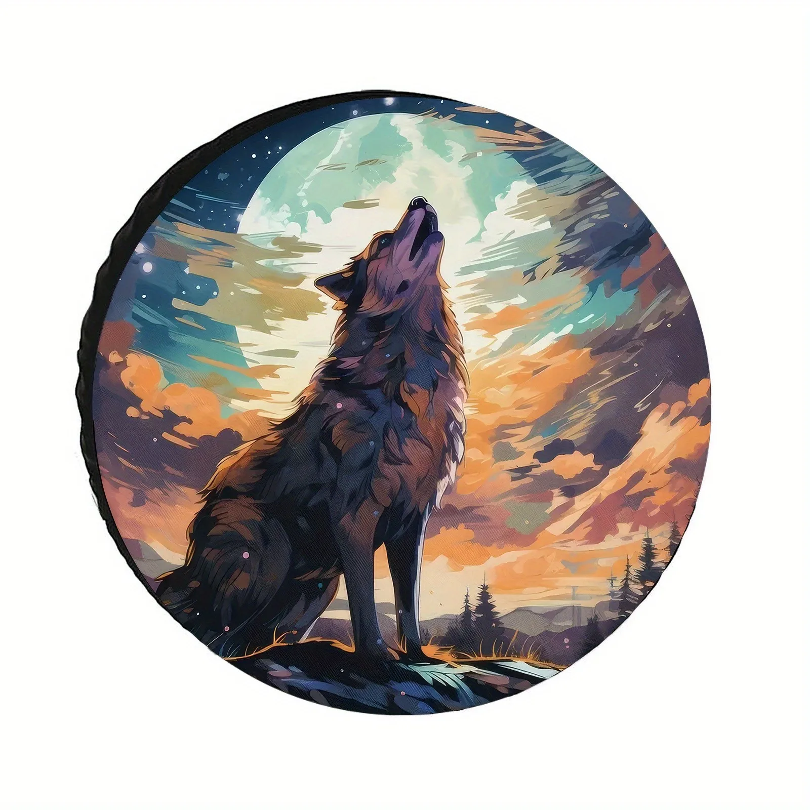 

Wolf Howling Moon Colorful Clouds Spare Tire Cover UV Protection Dustproof Protector for 14-17 Inch Wheels